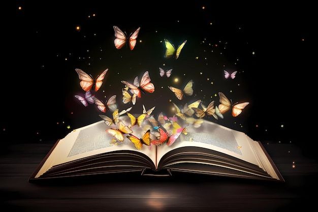 Livre Magique Avec Lumière Magique Et Papillons Dans Le Noir _ Photo Premium